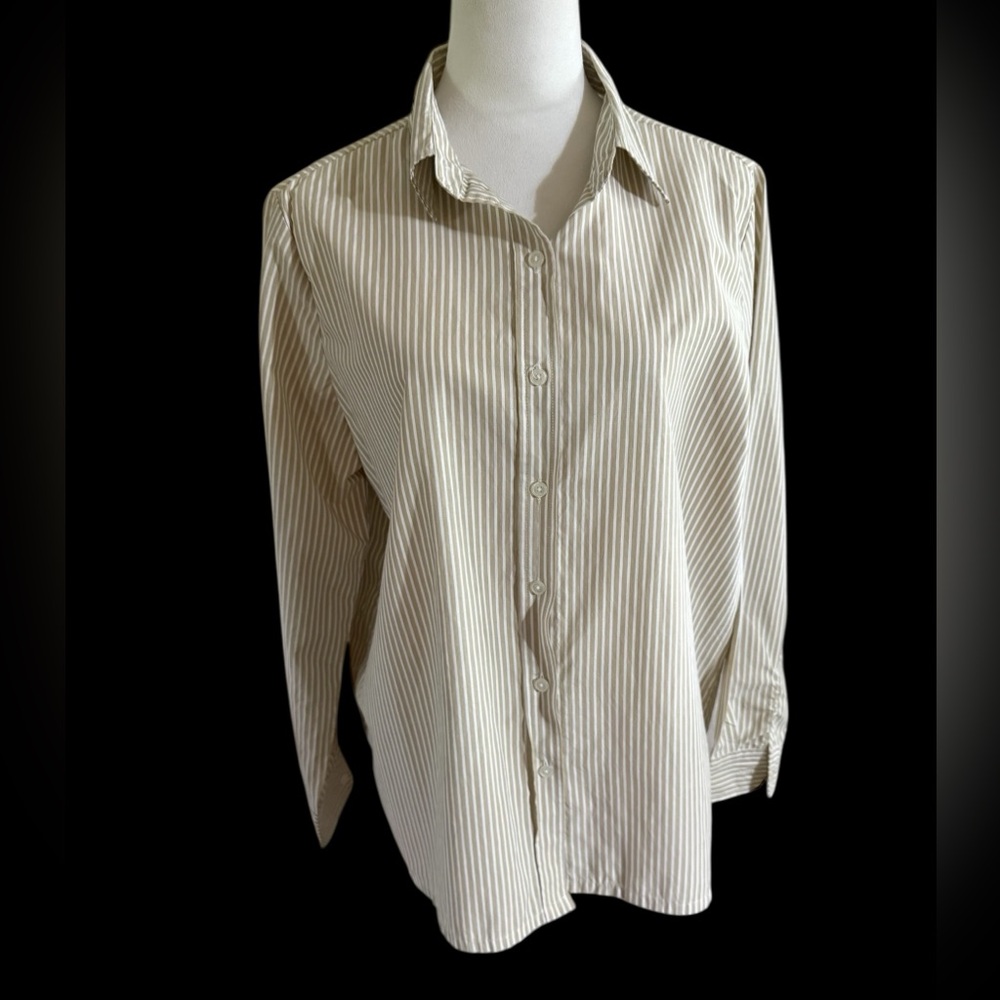American Sweetheart Tan and White Striped Button-Up Shirt